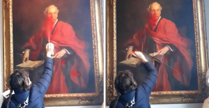 In Cambridge, a pro-Palestine activist tags and slashes a portrait of Lord Balfour